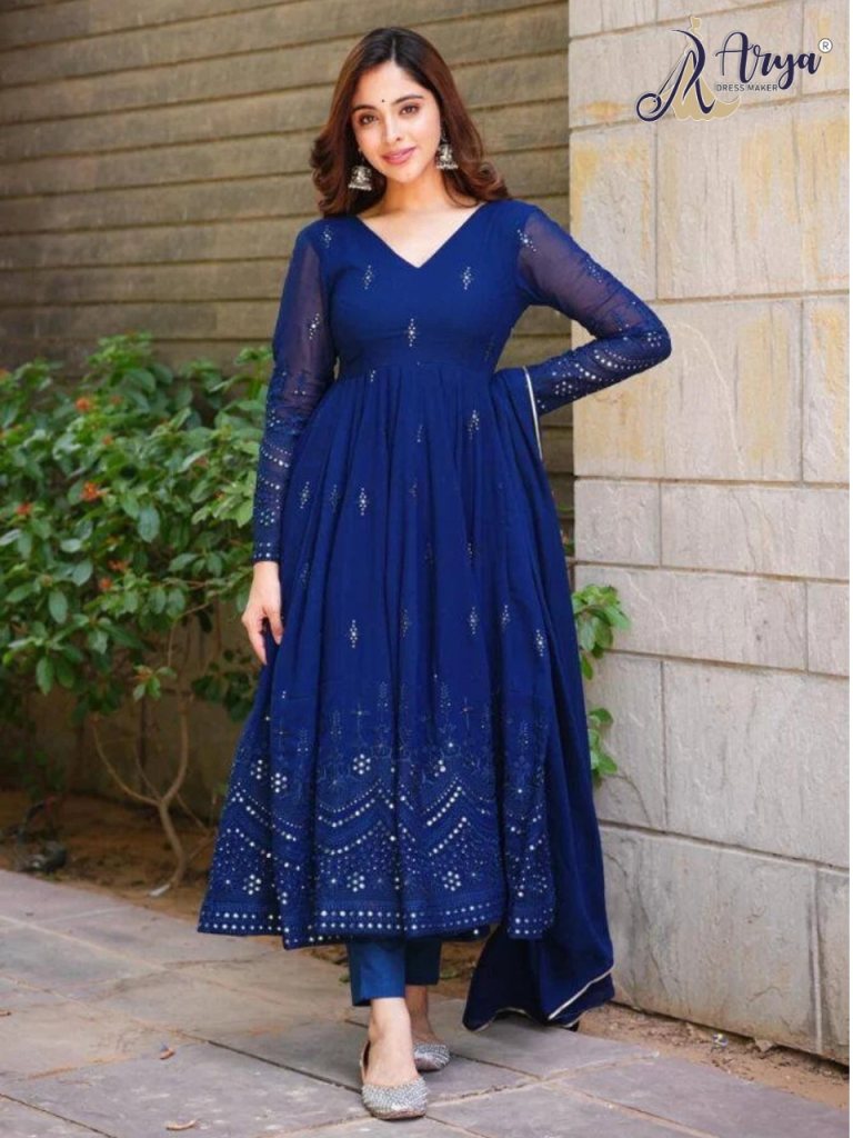 Buy Refreshing Navy Blue Color Ready Made Chine Work Georgette Dupatta Gown  Design | Lehenga-Saree