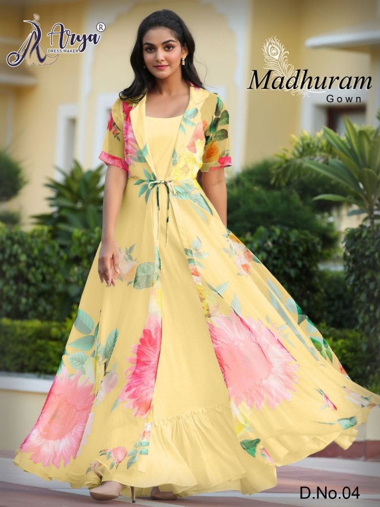 Buy Now Madhuram Yellow Georgette New Digital Print Party Wear Gown With Koti For Women Wear At Surat Wholesaler