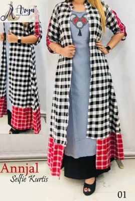 Annjal Grey Black Reyon And Cotton Designer Long Kurti With Koti 1 