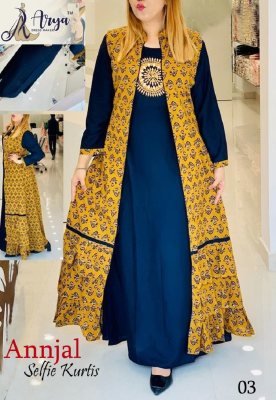 Annjal Navy Blue Reyon And Cotton Designer Long Kurti With Koti D3 