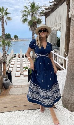 IZNA LONG WESTERN DRESS WITH SIDE SLITS BLUE   Western Wear