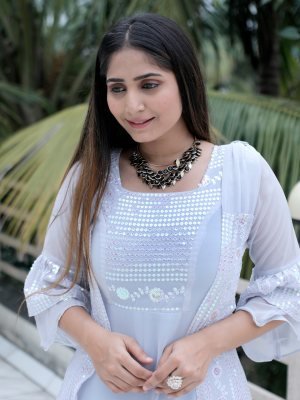 Kasturi Grey Georgette Designer Embroidary Gown With Koti For Women Wear D2 Party Wear gown