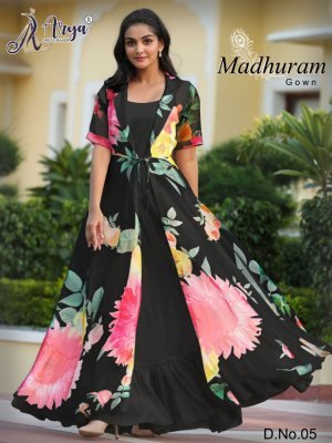Madhuram Black Georgette New Digital Print Party Wear Gown With Koti For Women Wear D5
