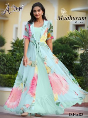 Madhuram Blue Georgette New Digital Print Party Wear Gown With Koti For Women Wear D3 Party Wear gown