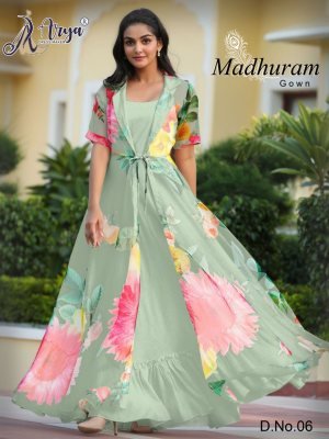 Madhuram Green Georgette New Digital Print Party Wear Gown With Koti For Women Wear D6