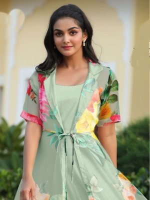 Madhuram Green Georgette New Digital Print Party Wear Gown With Koti For Women Wear D6 Party Wear gown