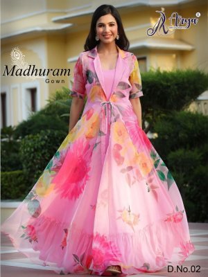 Madhuram Pink Georgette New Digital Print Party Wear Gown With Koti For Women Wear D2
