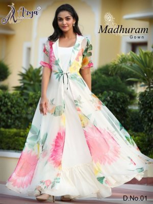 Madhuram White Georgette New Digital Print Party Wear Gown With Koti For Women Wear D1