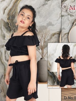 Mulmul Black Reyon Cotton Off Shoulder Top With Shorty Pant For Kids Wear D5 Kids  Wear