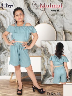 Mulmul Blue Reyon Cotton Off Shoulder Top With Shorty Pant For Kids Wear D6