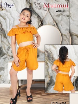 Mulmul Mustard Reyon Coatton Off Shoulder Top With Shorty Pant For Kids Wear D4