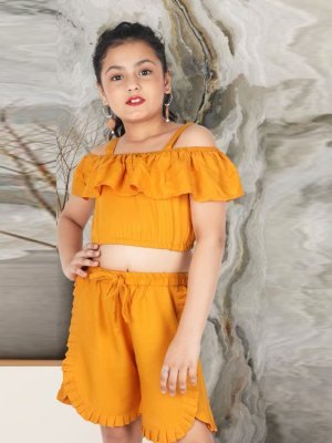 Mulmul Mustard Reyon Coatton Off Shoulder Top With Shorty Pant For Kids Wear D4 Kids  Wear