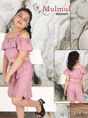 Mulmul Pink Reyon Cotton Off Shoulder Top With Shorty Pant For Kids Wear D3