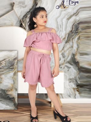 Mulmul Pink Reyon Cotton Off Shoulder Top With Shorty Pant For Kids Wear D3 Kids  Wear