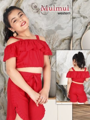Mulmul Red Reyon Cotton Off Shoulder Top With Shorty Pant For Kids Wear D1