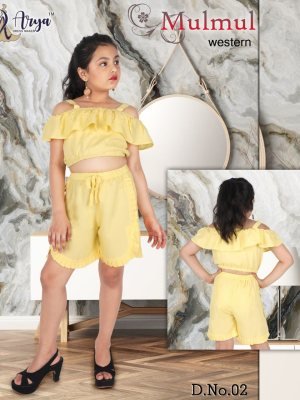 Mulmul Yellow Reyon Cotton Off Shoulder Top With Shorty Pant For Kids Wear D2
