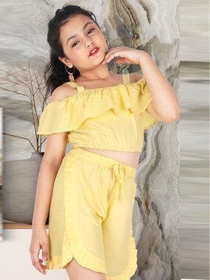 Mulmul Yellow Reyon Cotton Off Shoulder Top With Shorty Pant For Kids Wear D2 Kids  Wear