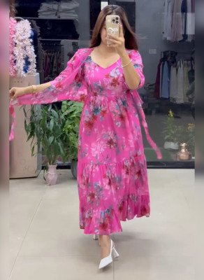 PAJJI Flared Tiered Georgette Gown with Jacket  Western Wear