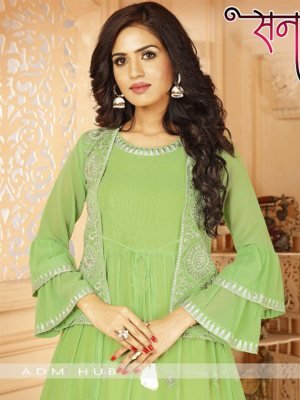 Sanari Green Georgette New Trendy Beautiful Party Wear Gown With Koti For Women Wear D4 Party Wear gown