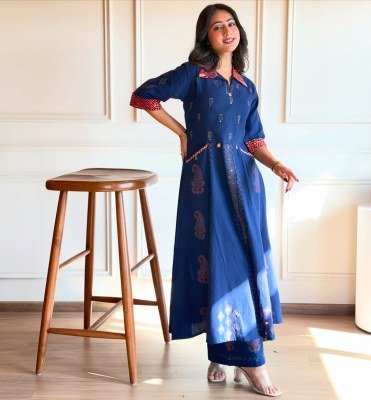 Zulekha  Elegant Navy Blue Block Print Kurta Set 